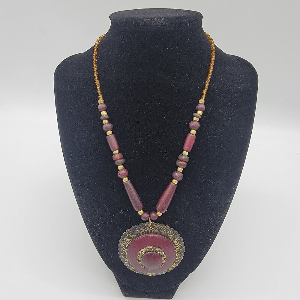 Vintage Gold Tone Metal Pendant Wood Beads Round Pendant Necklace